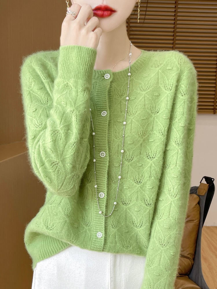 First-Line Ready-To-Wear 100% Pure Wool Jacquard Cut Out Cardigan For Women In , Slimming Look, Warm And Non-Piercing Seamless Sweater - Image 2